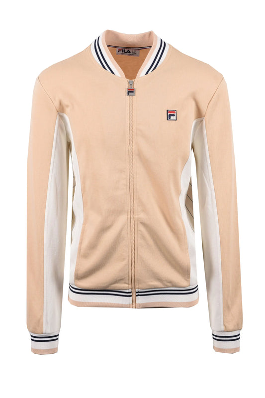 Full picture of a Fila Settanta track jacket featuring bold colour blocking in a neutral and white colourway.