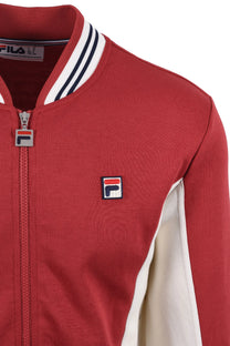 Close up of the Fila Settanta jacket focusing on the Fila branded metal zip and the Fil branded embroidered logo.