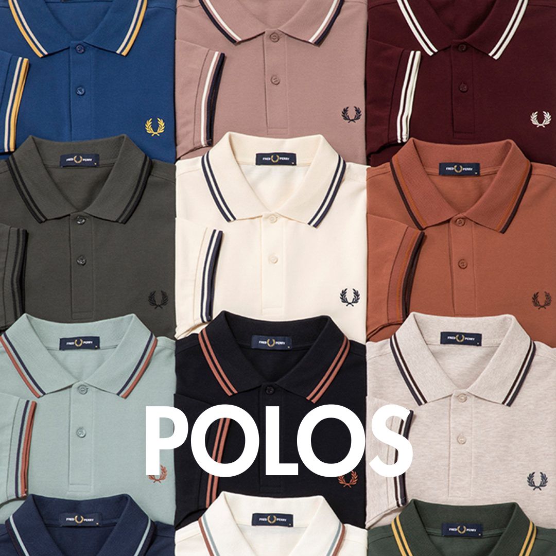 Polos banner with a picture of multiple coloured Fred Perry polo shirts in the background.