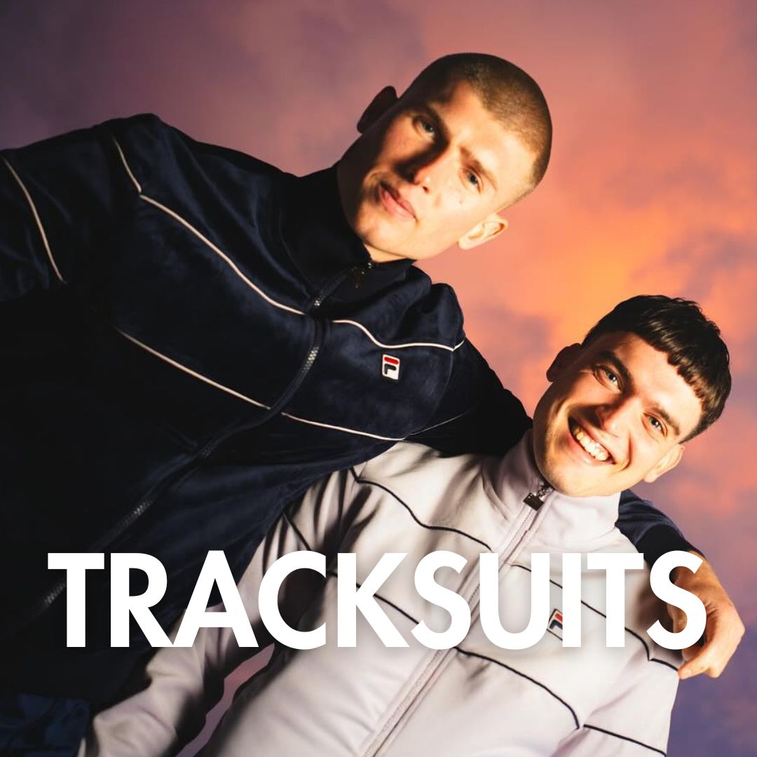 Footwear banner with a picture of 2 men wearing a Fila track tops or tracksuits in the background.