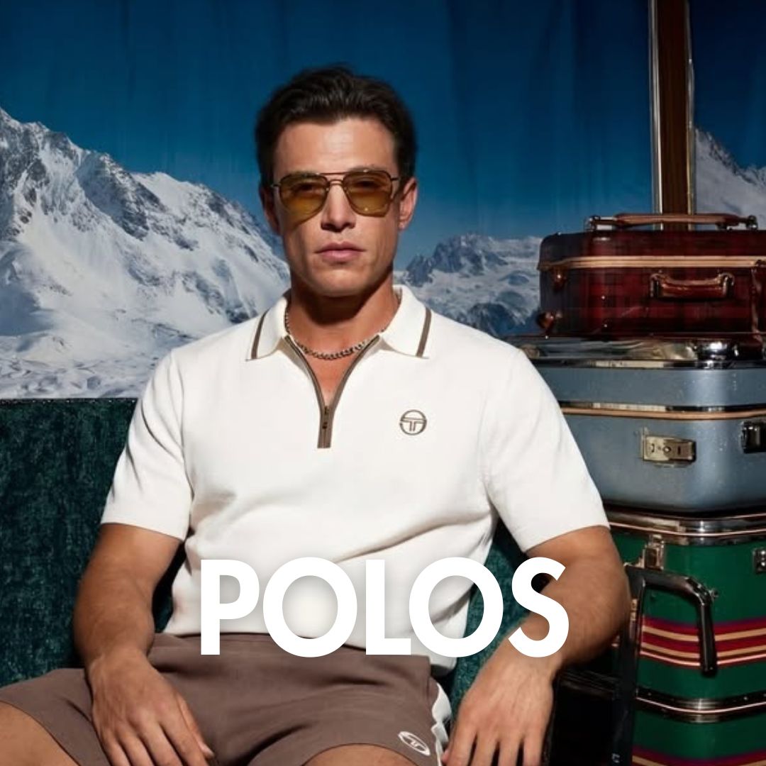 Polos banner with a picture of a man wearing a white or cream Sergio Tacchini polo shirt with some vintage luggage in the background.