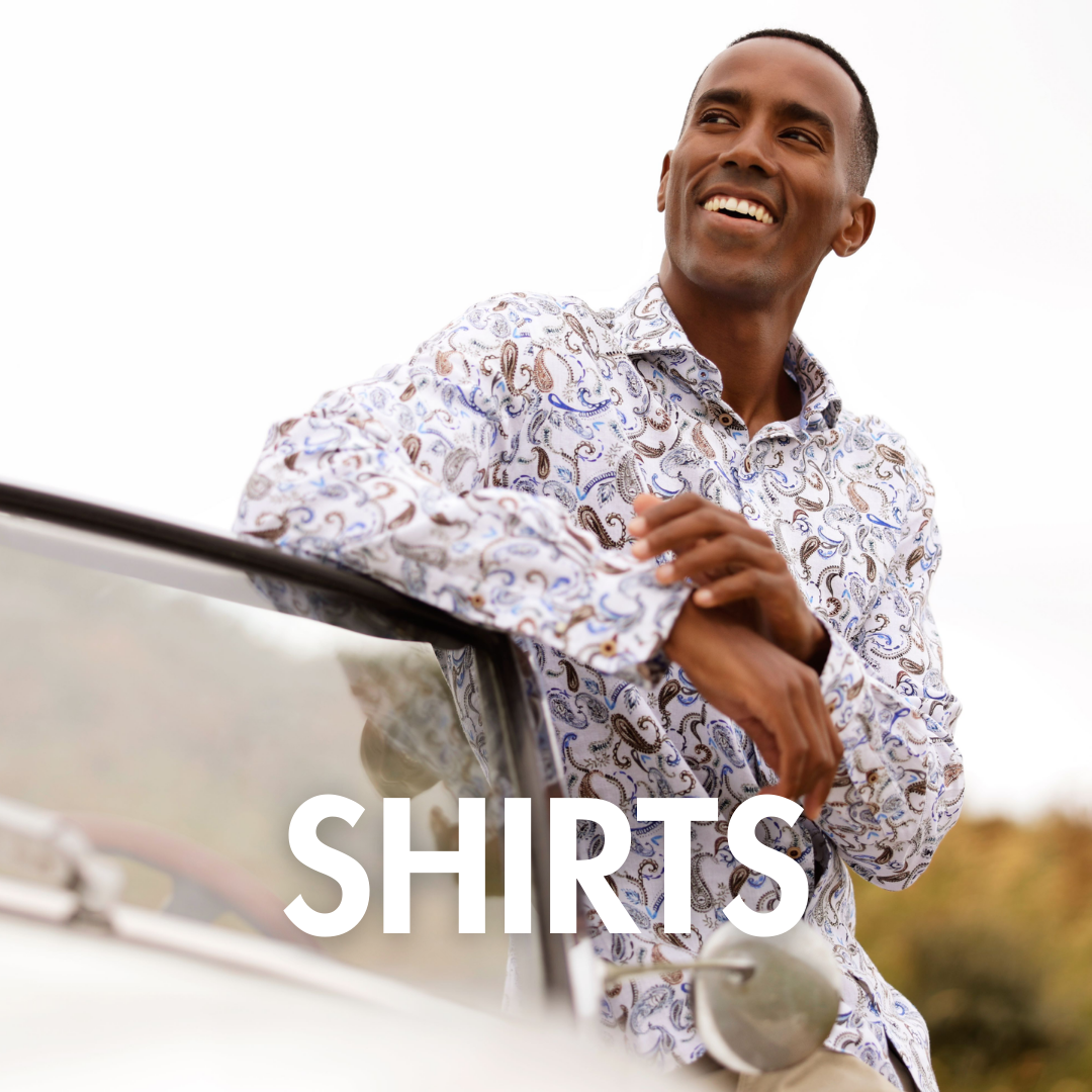 Shirts banner with a picture of a man wearing a paisley shirt stood in a car in the background.