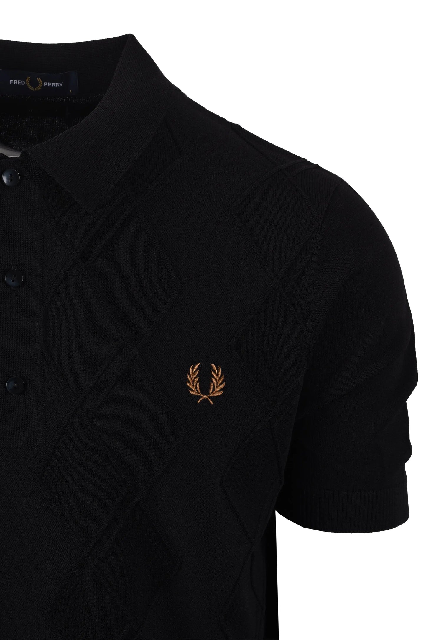 Black polo shirt with a Fred Perry logo in gold on a white background