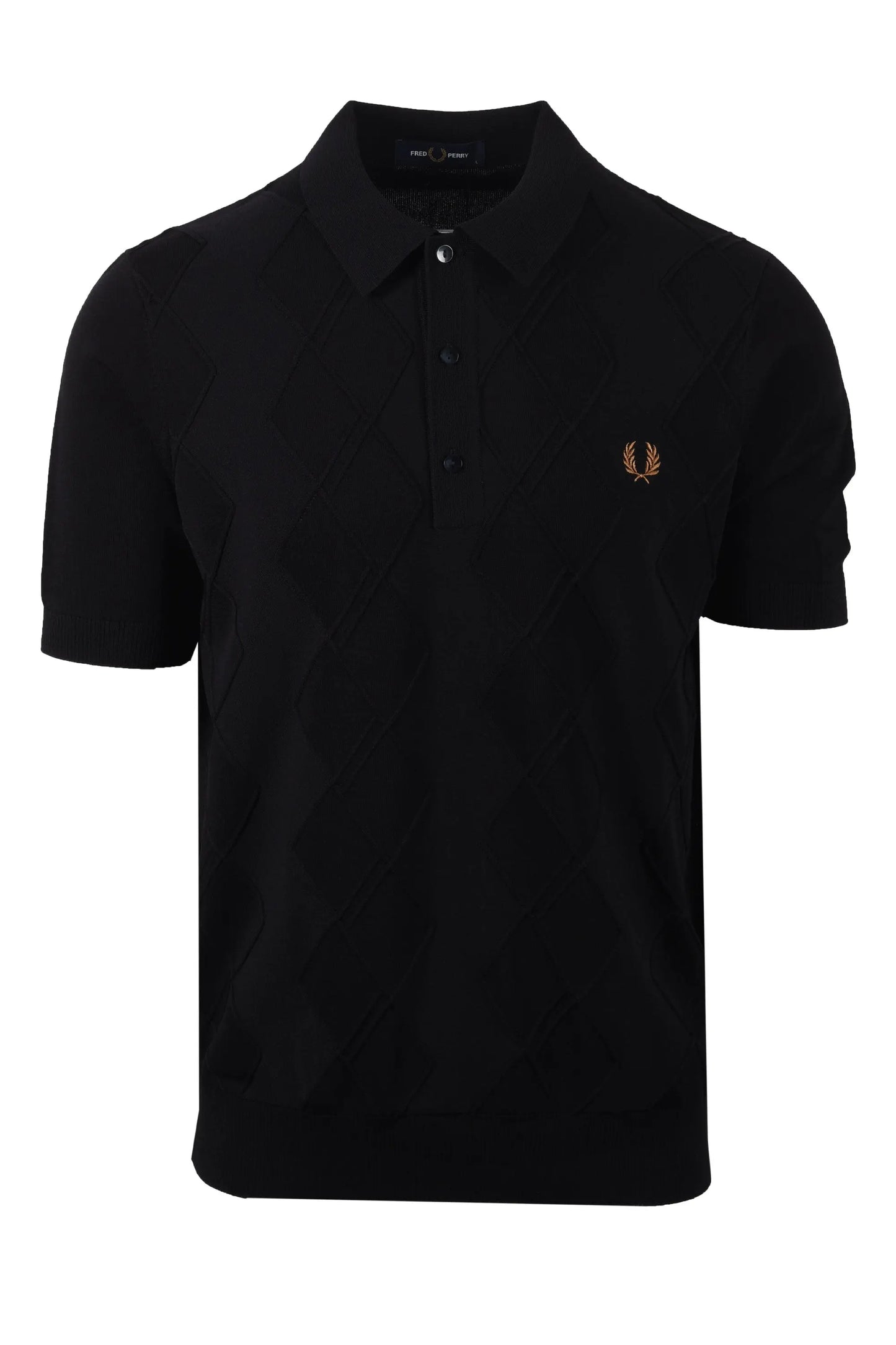 Black Fred Perry polo shirt with a small gold logo on a white background