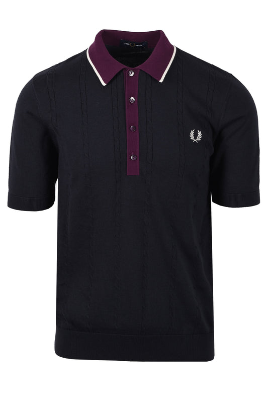FRED PERRY CABLE KNITTED SHIRT NAVY Fred Perry Michael Stewart Menswear  Polo Shirts