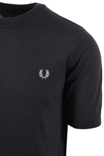 grey short-sleeve sweater with a light blue fred perry logo on a white background
