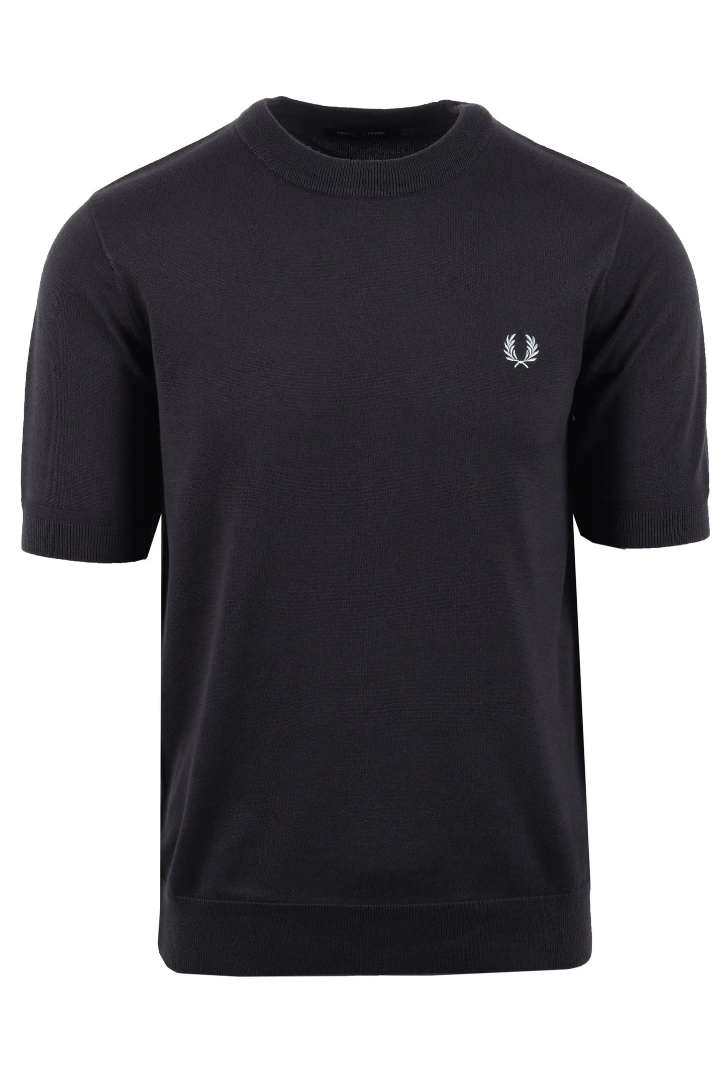 grey knitted t-shirt with a small fred perry logo on a white background