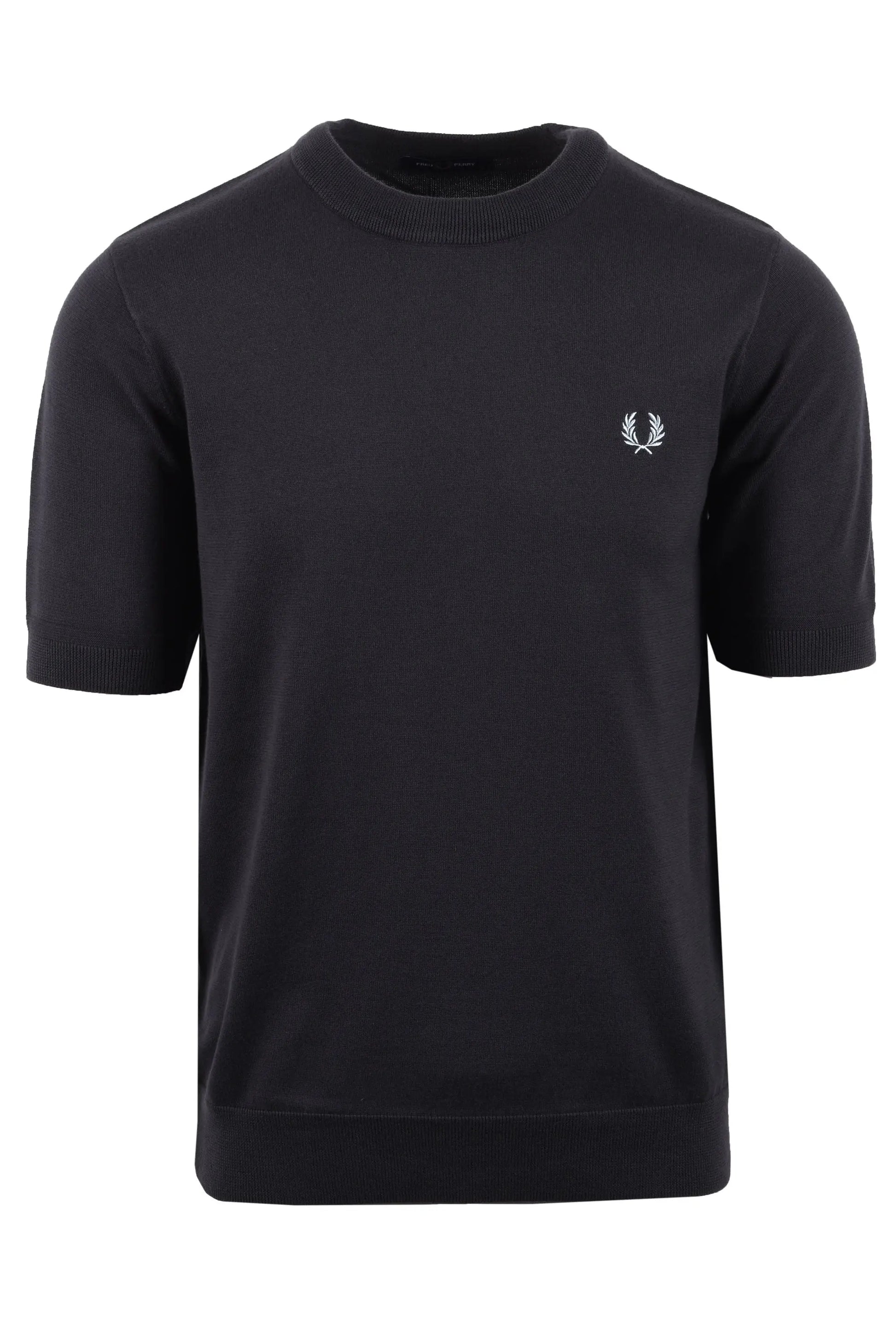 grey knitted t-shirt with a small fred perry logo on a white background