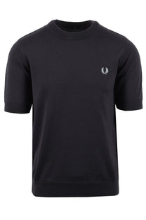 grey knitted t-shirt with a small fred perry logo on a white background
