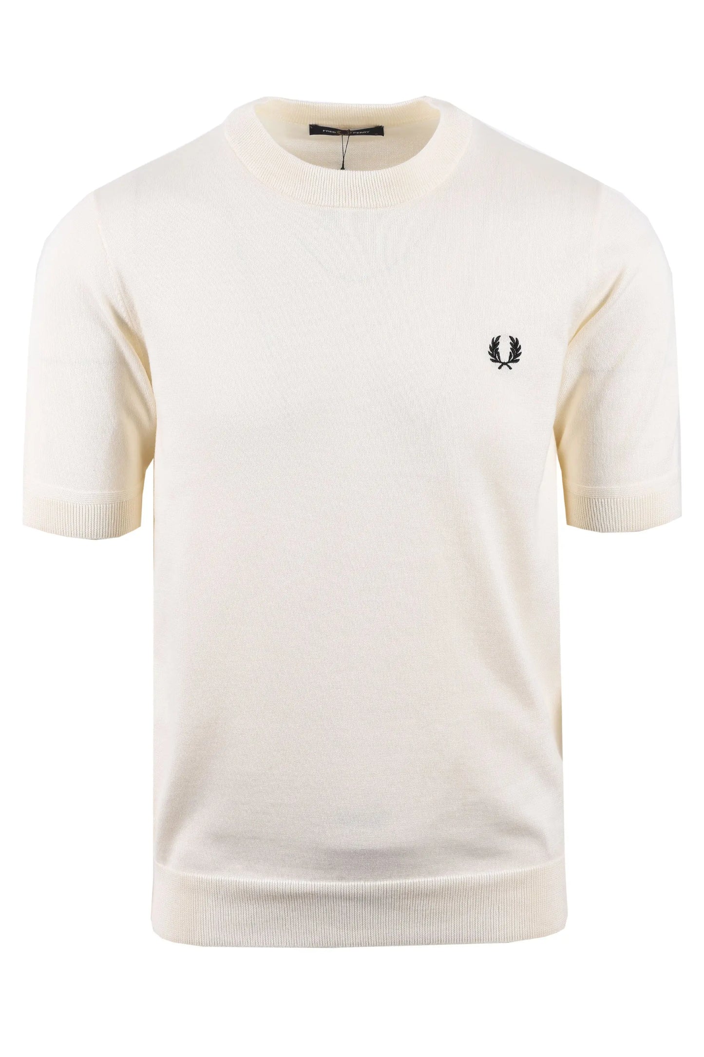 White knitted fred perry t-shirt with a small logo on a white background