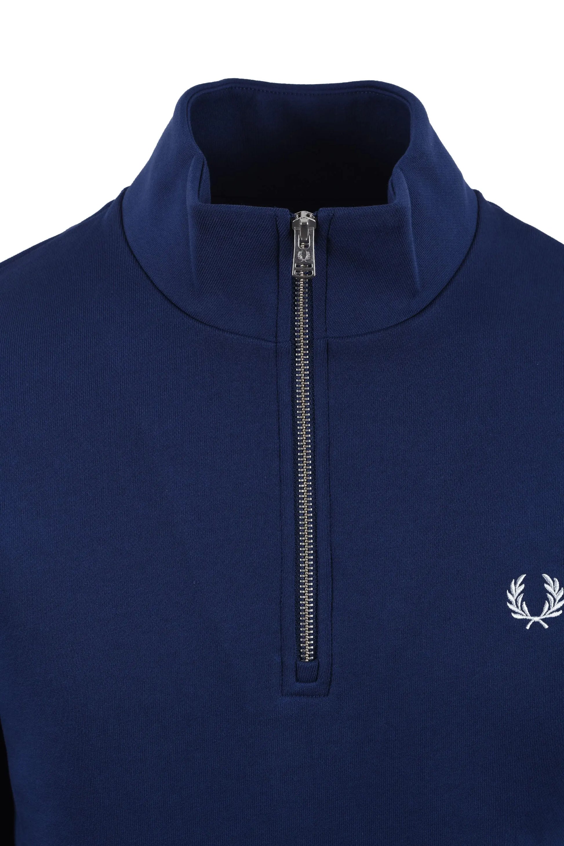 Navy blue half-zip fred perry sweatshirt with brand logo on a white background