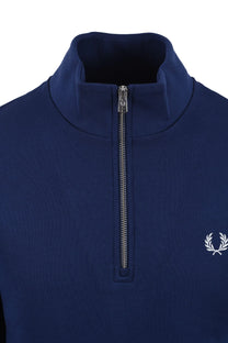 Navy blue half-zip fred perry sweatshirt with brand logo on a white background
