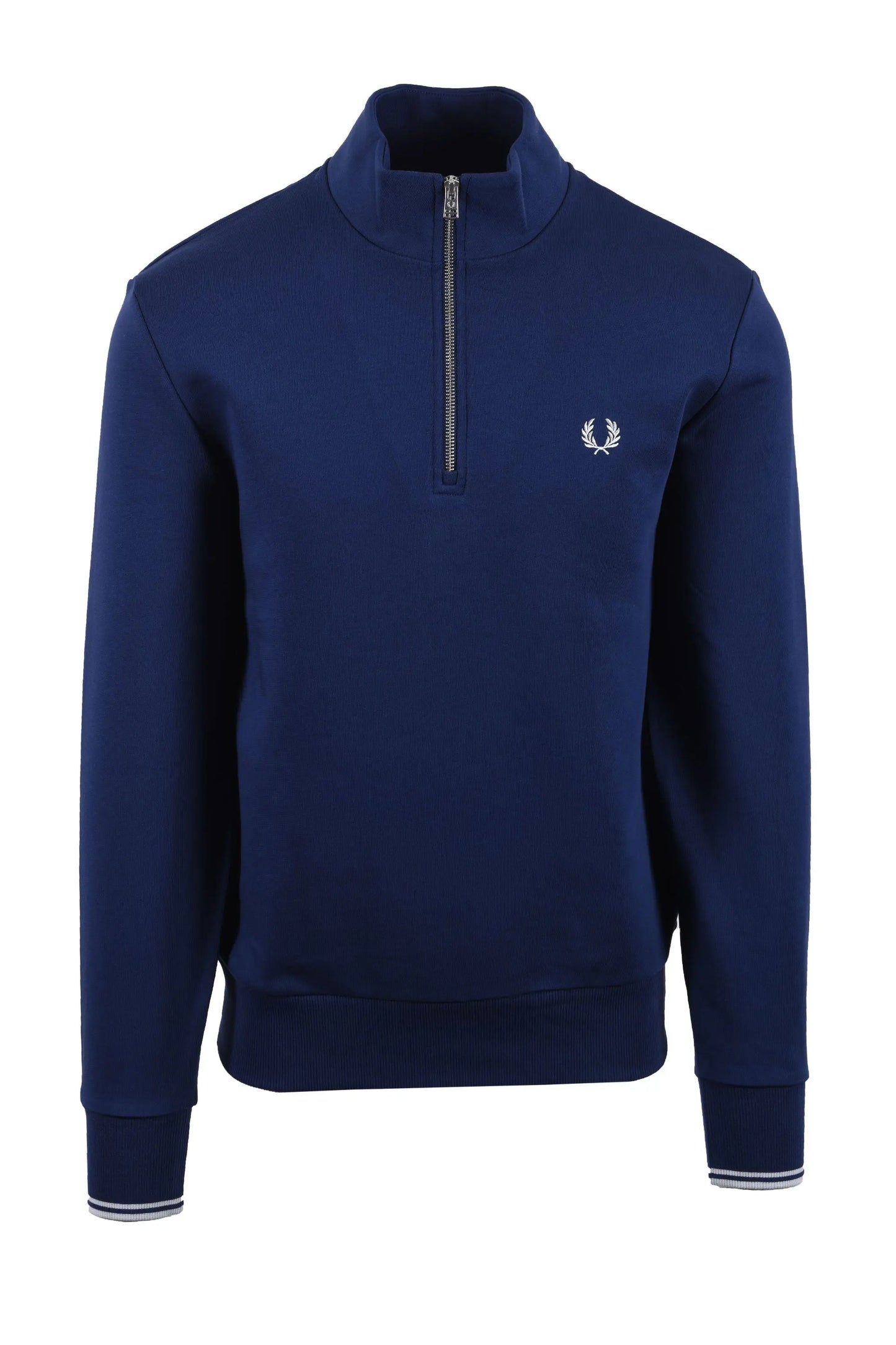 Navy blue fred perry sweatshirt with a brand logo on a white background