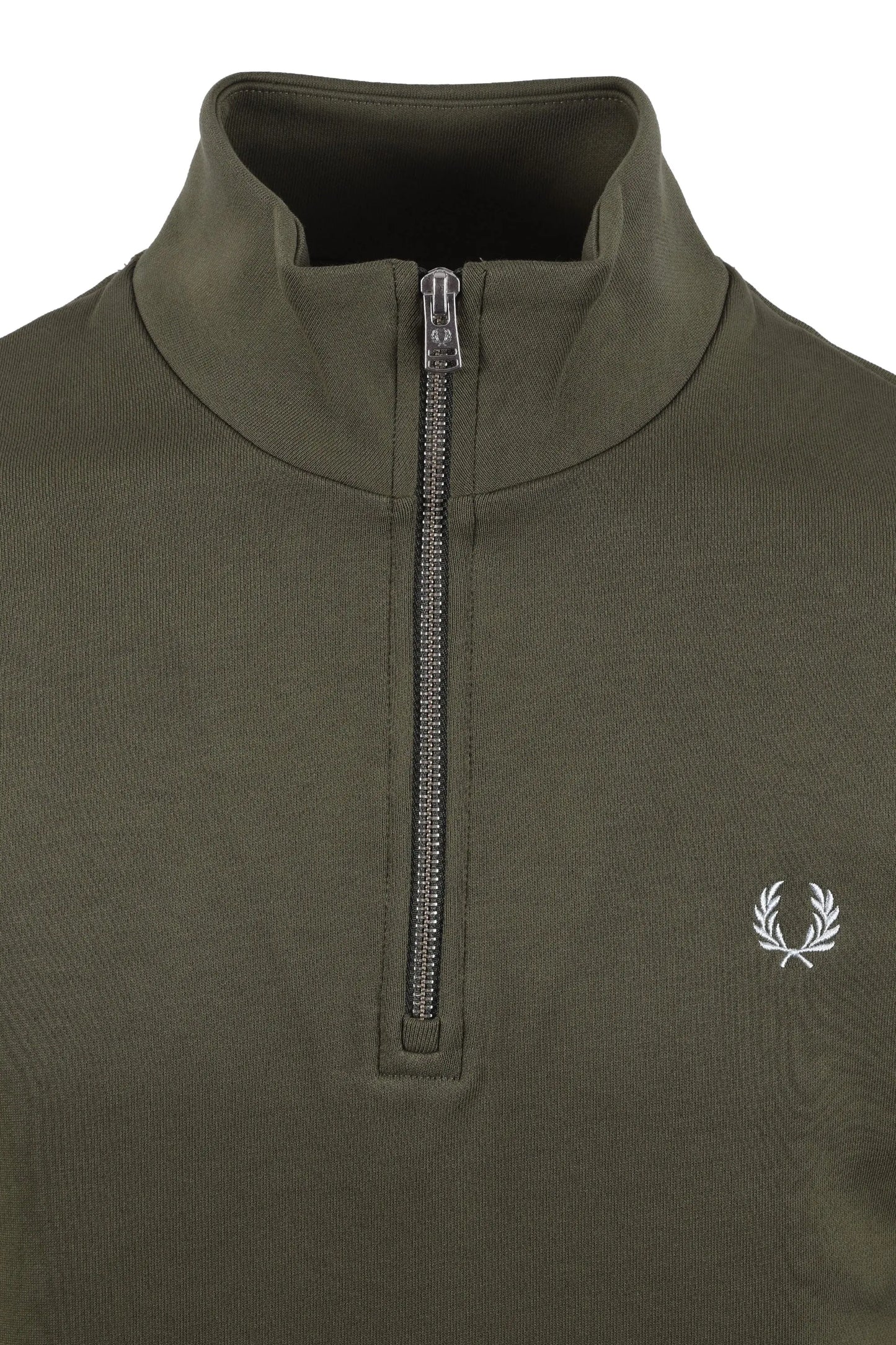 Green fred perry pullover with a zipper and brand logo on a white background