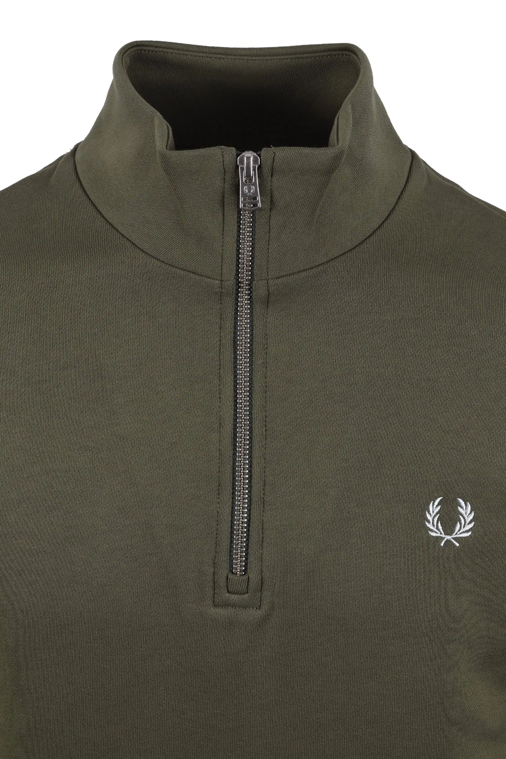Green fred perry pullover with a zipper and brand logo on a white background