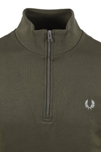 Green fred perry pullover with a zipper and brand logo on a white background