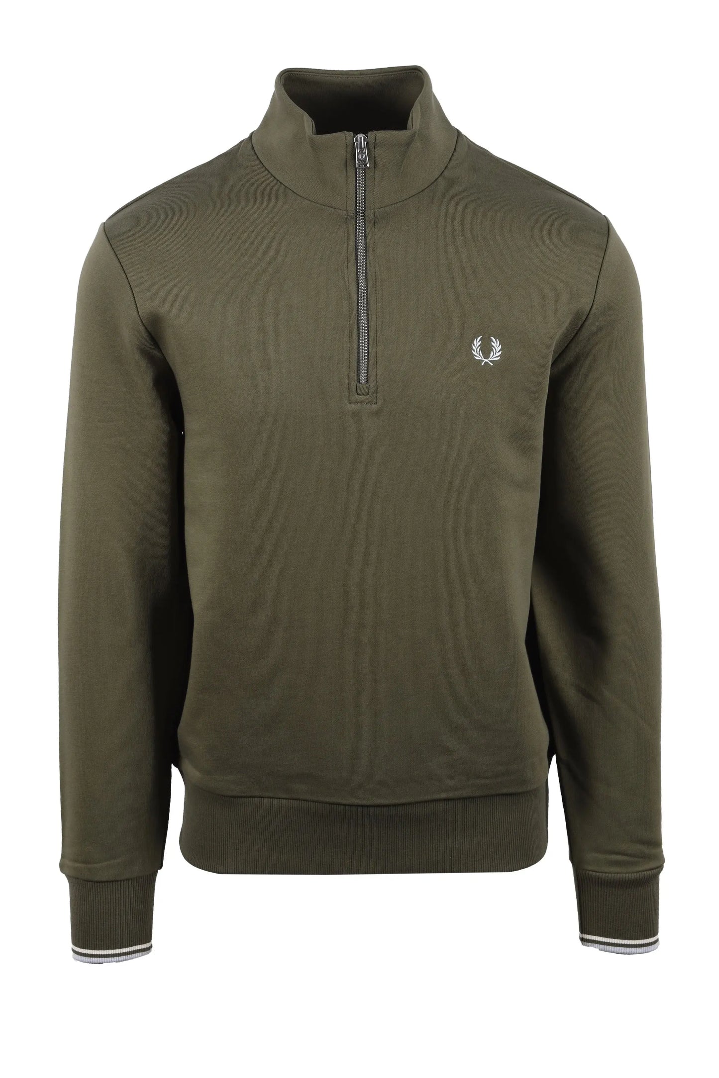 Green fred perry sweatshirt with a brand logo on a white background