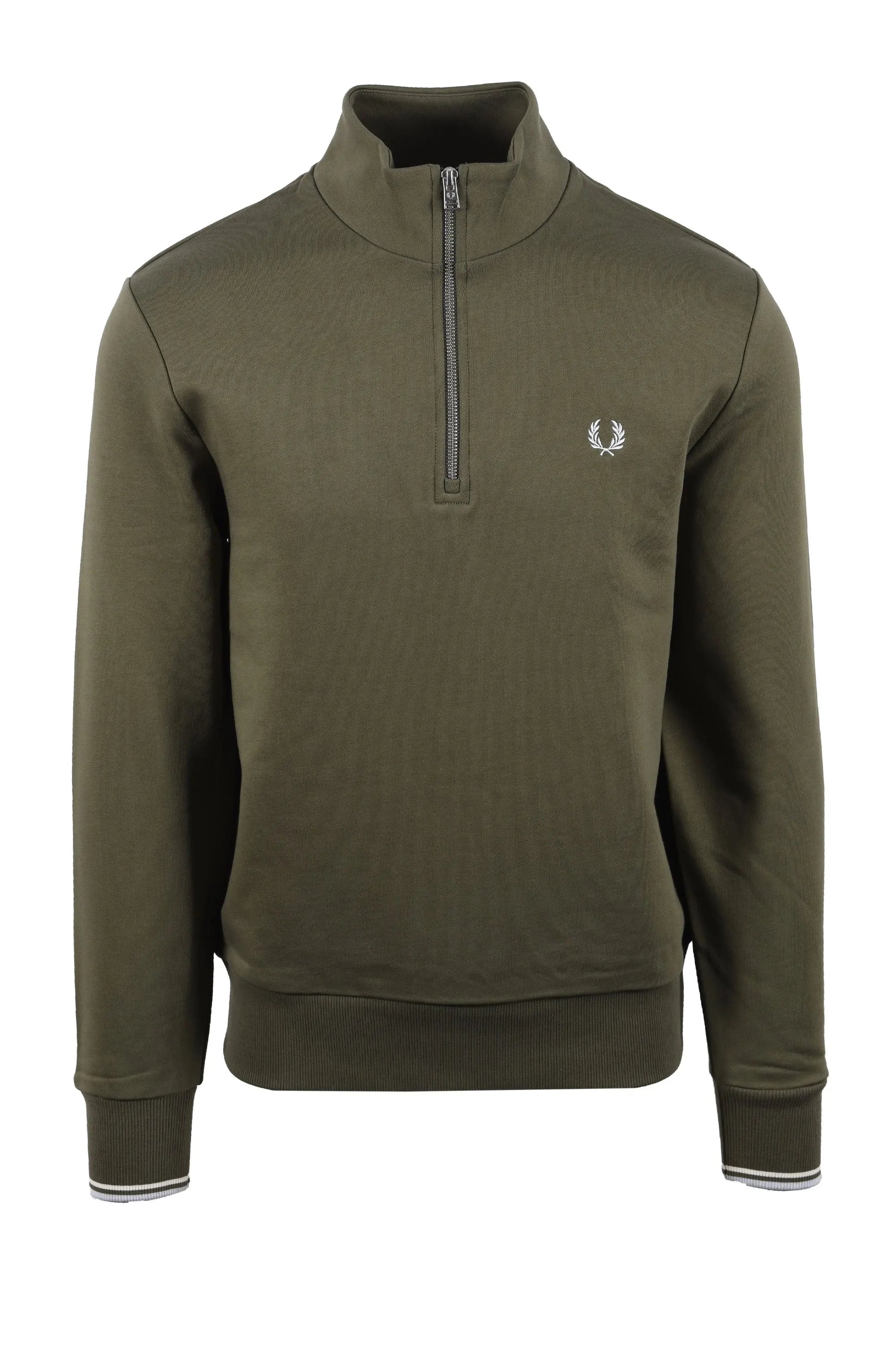 Green fred perry sweatshirt with a brand logo on a white background