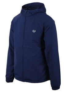 Full picture of the waterproof Fred Perry hooded shell jacket in the colour French navy, shows the embroidered laurel wreath logo up on the chest.