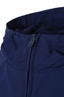 Close up of the Fred Perry branded zipper on a hooded shell jacket in the colour French navy.