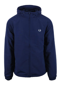 Full image of the Fred Perry Hooded Shell jacket int he colour French navy. shows the embroidered Fred Perry logo the full length zipper, the hood and the elasticated cuffs.