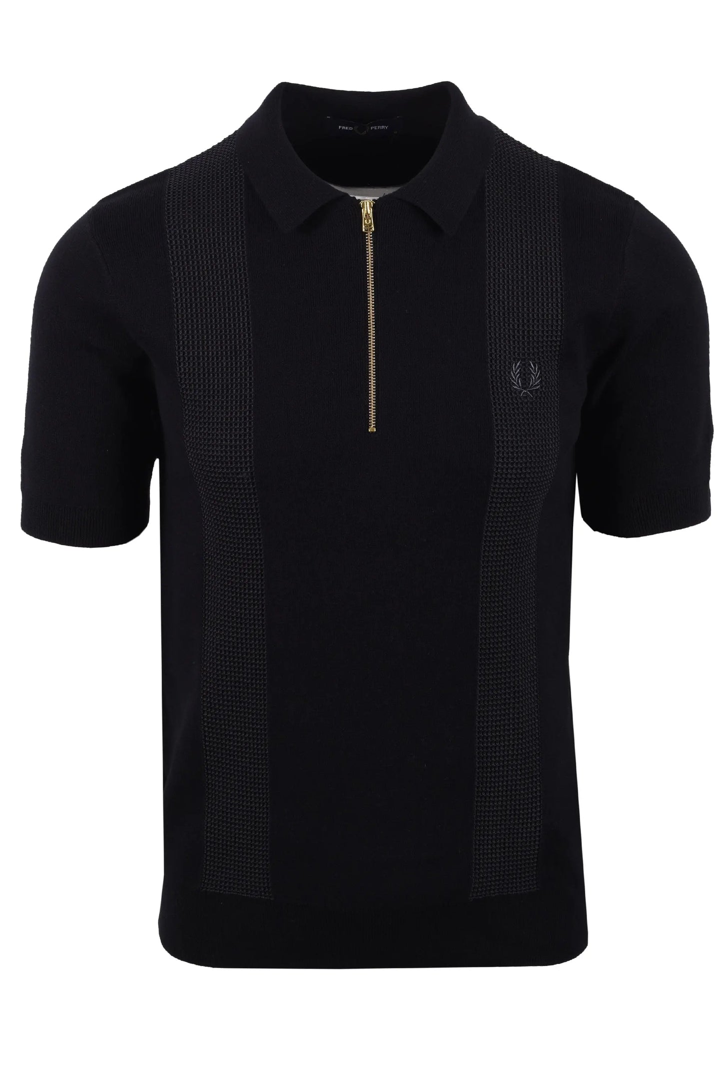 Black knitted fred perry polo shirt with a zipper on a white background