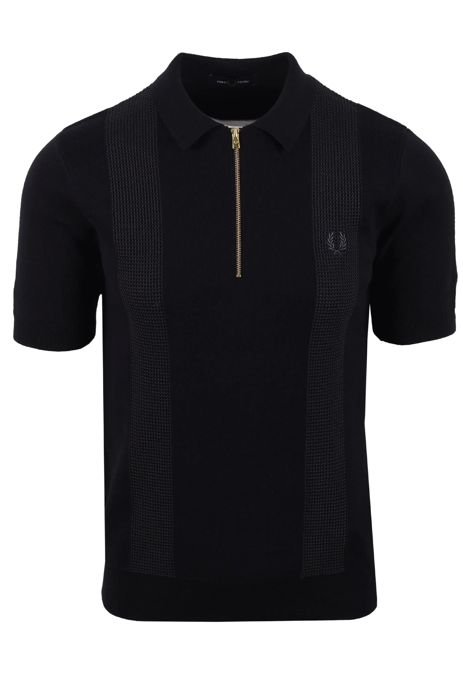 Black knitted fred perry polo shirt with a zipper on a white background