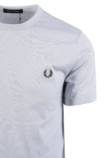 light blue fred perry t-shirt with a green logo on a white background