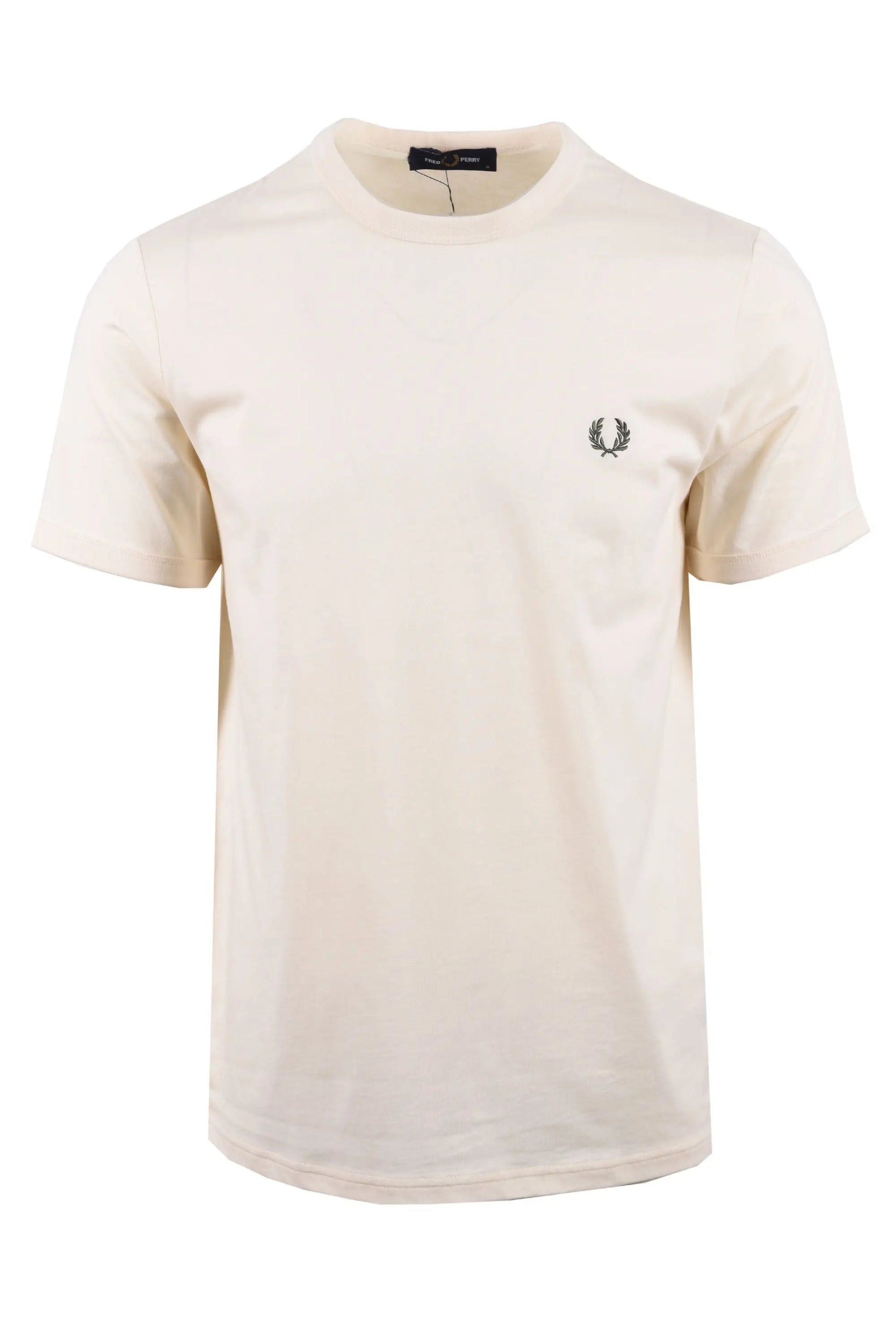 White fred perry t-shirt with a green logo on a white background