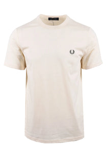 White fred perry t-shirt with a green logo on a white background