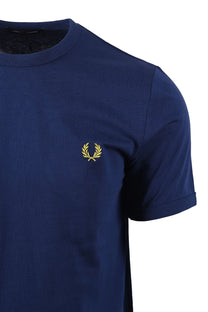 Side picture of the Fred Perry ringer short sleeved t-shirt in the colour ways French navy. It also shows the iconic Fred Perry logo on the chest