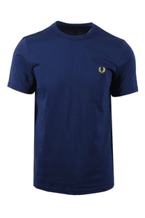 Full image of the Fred Perry ringer t-shirt int he colourways French navy. It is a short sleeved t-shirt pictured on a white background.