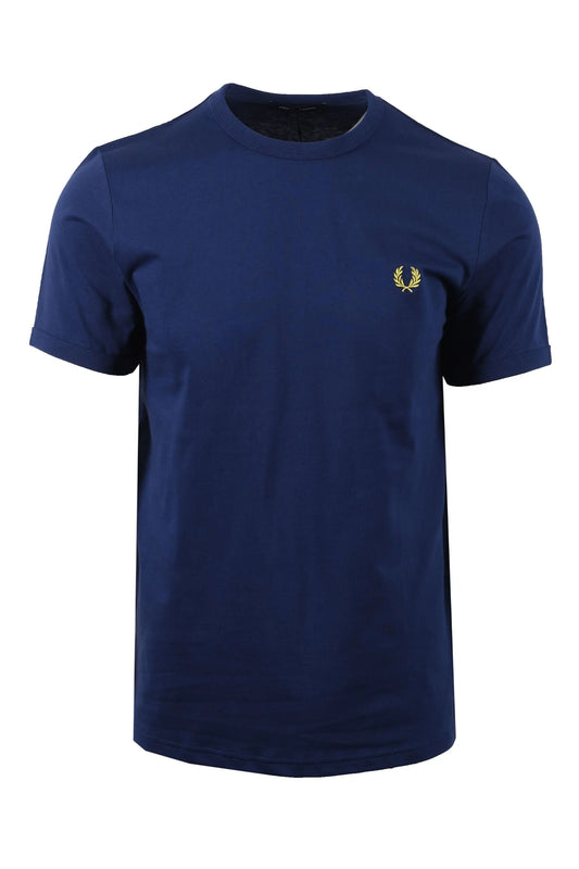 Full image of the Fred Perry ringer t-shirt int he colourways French navy. It is a short sleeved t-shirt pictured on a white background.