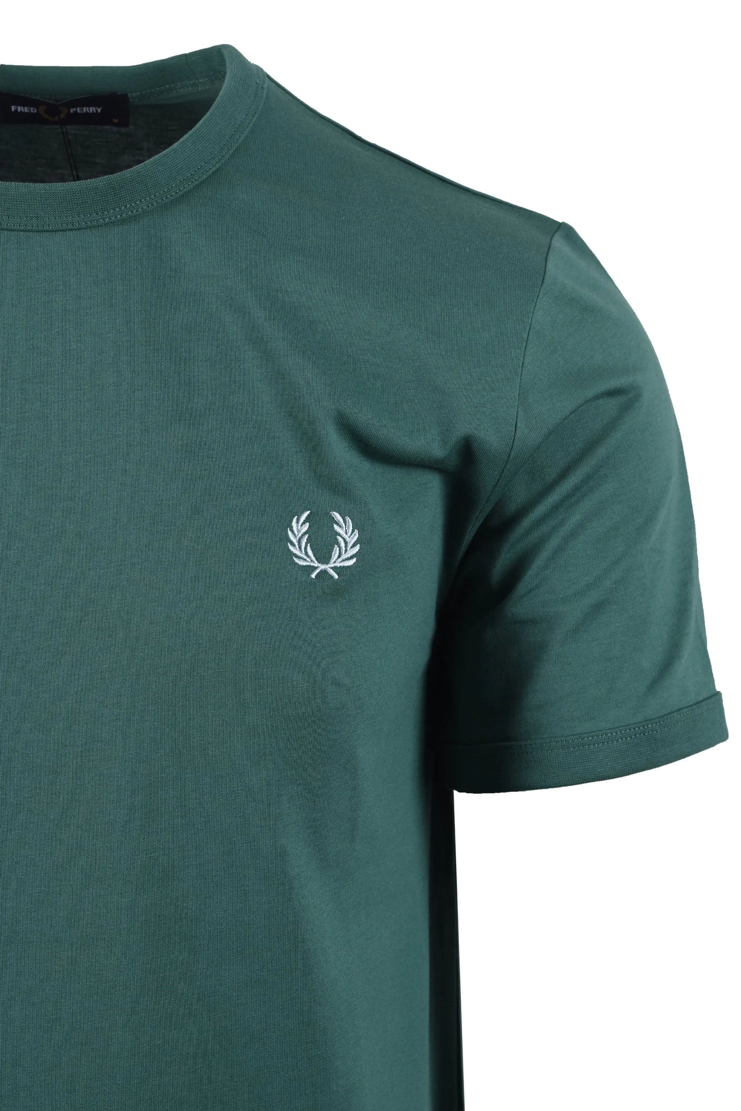 Green t-shirt with a fred perry logo on a white background