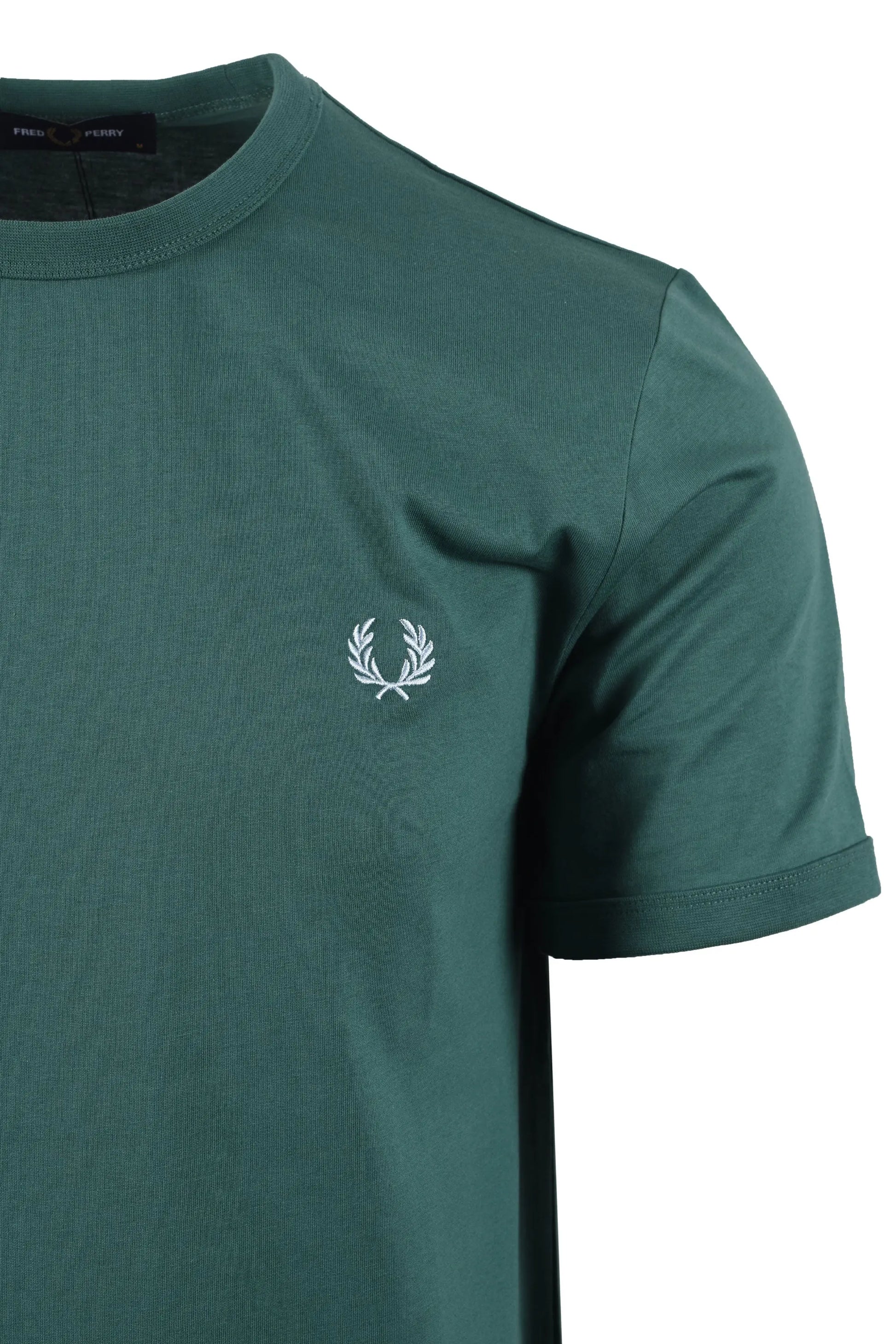 Green t-shirt with a fred perry logo on a white background