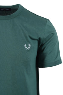 Green t-shirt with a fred perry logo on a white background