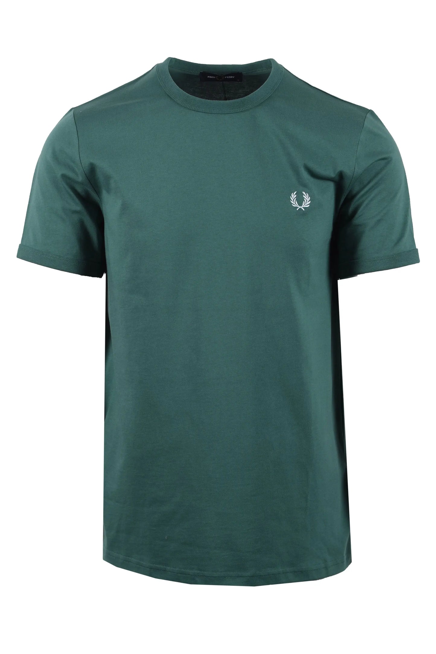 Green t-shirt with a small fred perry logo on the chest against a white background
