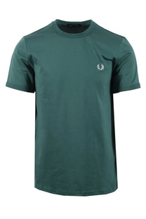 Green t-shirt with a small fred perry logo on the chest against a white background