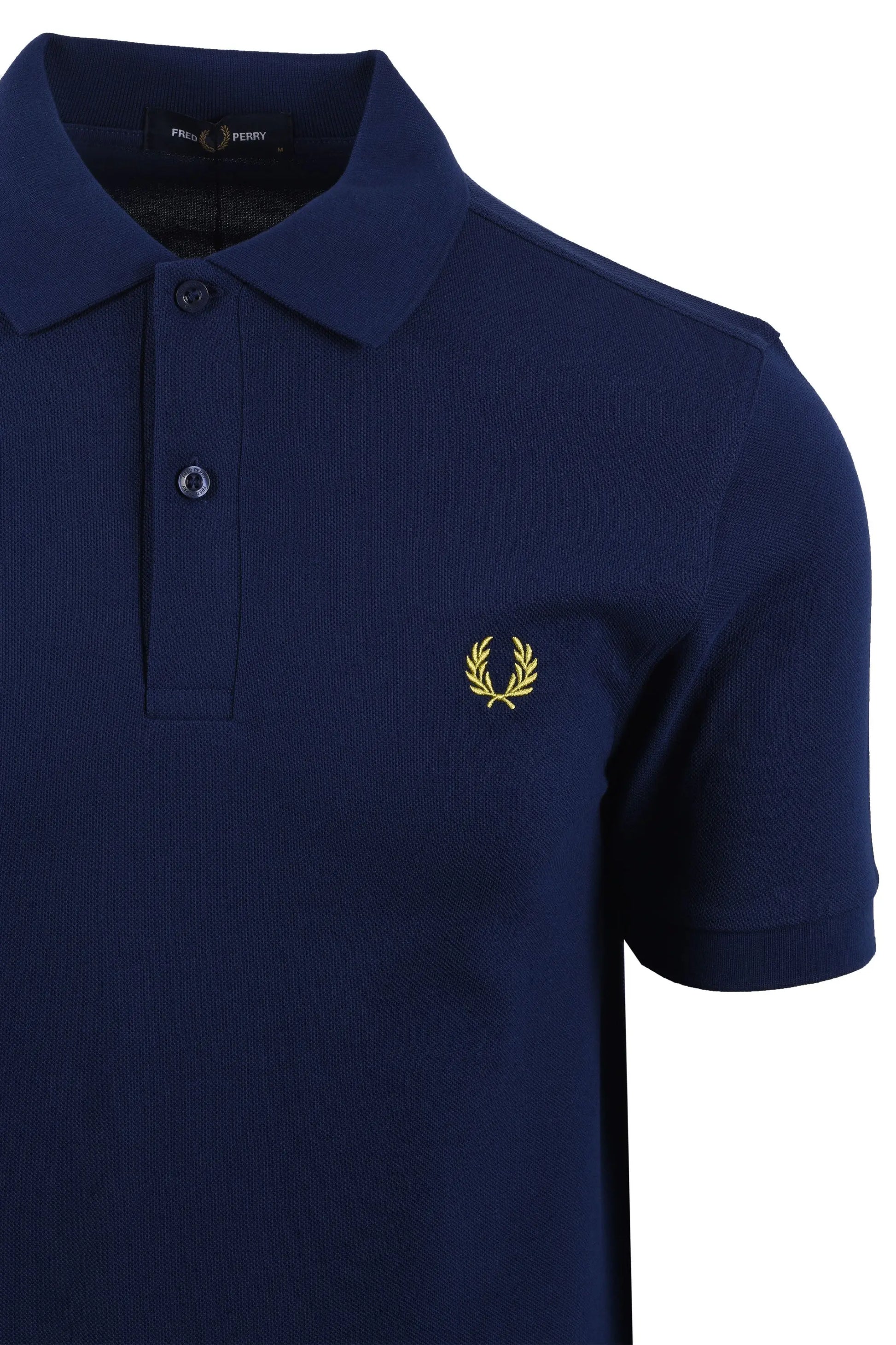 Navy blue polo shirt with a yellow fred perry logo on a white background