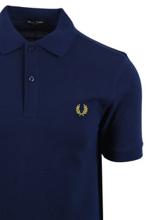 Navy blue polo shirt with a yellow fred perry logo on a white background