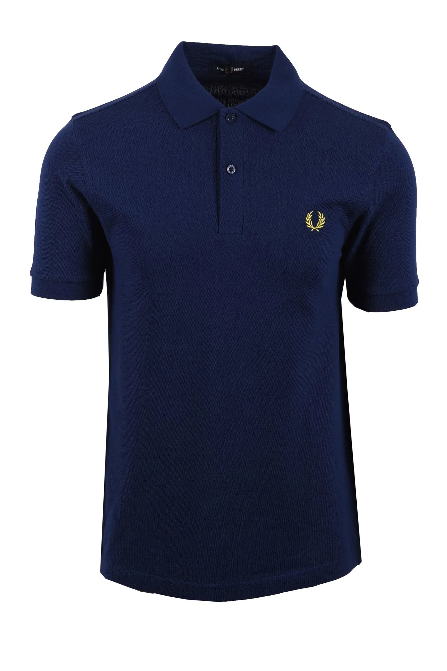 Navy blue polo shirt with a small fred perry logo on a white background