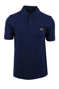 Navy blue polo shirt with a small fred perry logo on a white background