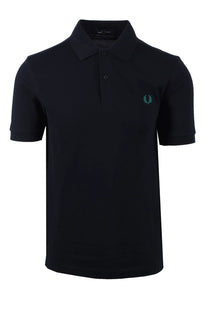 Full image of a Fred Perry polo shirt In navy. You can see the embroidered Fredy Perry laurel wreath branding in the colour sport green upon the chest.