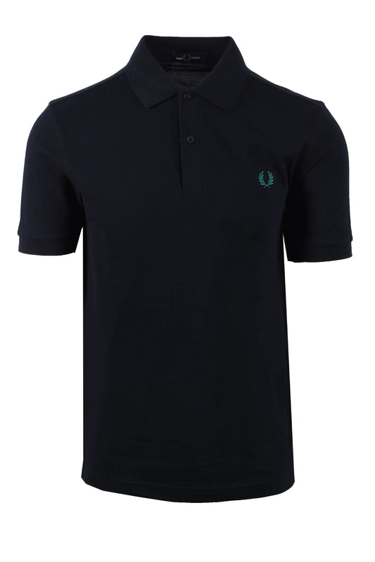 Full image of a Fred Perry polo shirt In navy. You can see the embroidered Fredy Perry laurel wreath branding in the colour sport green upon the chest.