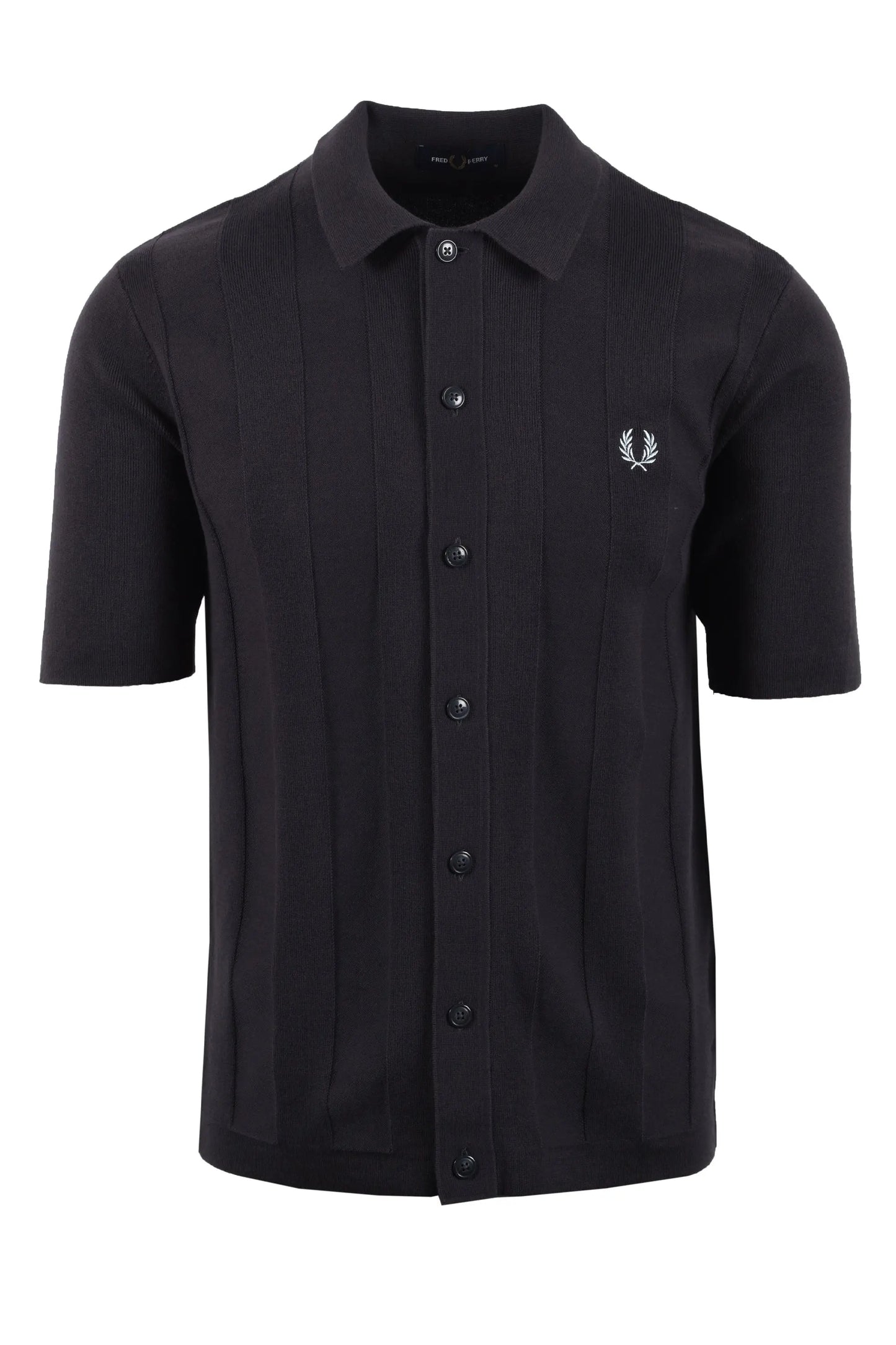 dark grey short-sleeve fred perry shirt with a light blue logo on a white background