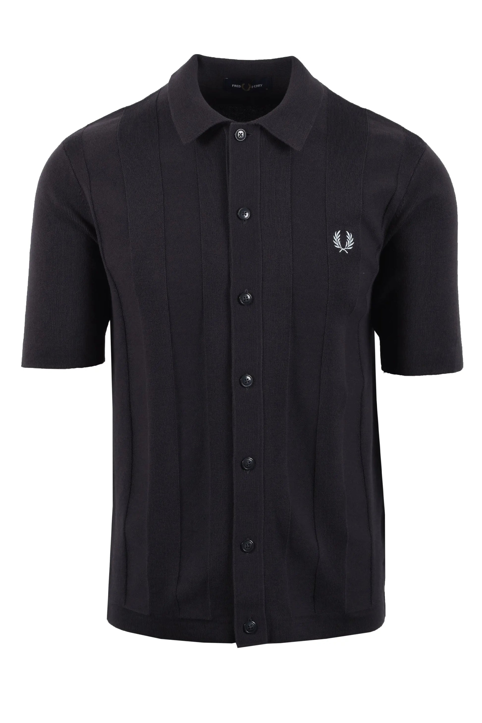 dark grey short-sleeve fred perry shirt with a light blue logo on a white background