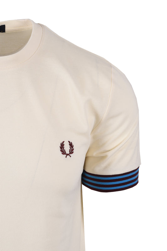FRED PERRY STRIPED CUFF T-SHIRT ECRU