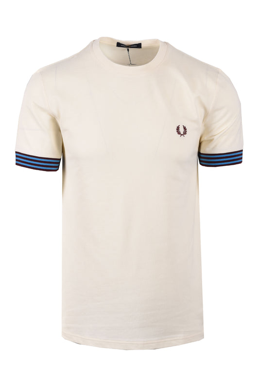 FRED PERRY STRIPED CUFF T-SHIRT ECRU
