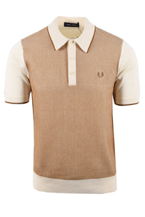 Full picture of the Fred Perry waffle knitted polo in the colour tonic with contrasting collar, placket and sleeves.