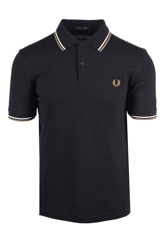 FRED PERRY TWIN TIPPED POLO BLK/SNOWWHT/BRNZ